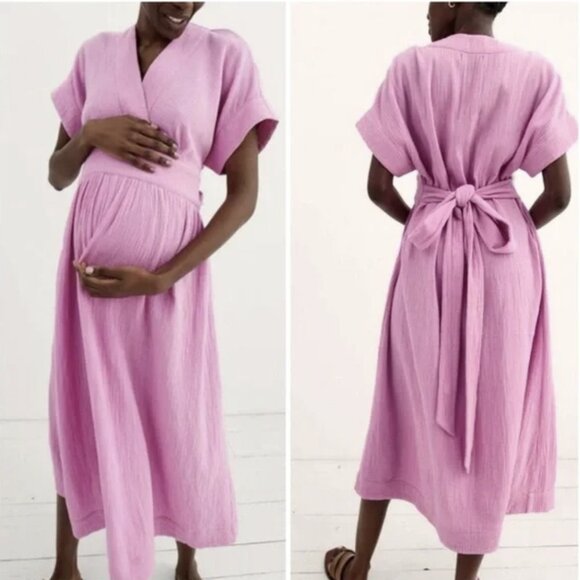Hatch Maternity The Carolina Dress Orchid Pink Tie Waist Gauze Cotton Midi XL - Picture 2 of 14